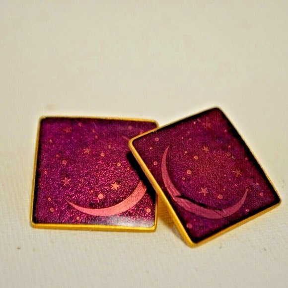ISLE OF SKYE ENAMEL EARRINGS, CRESCENT MOON & STARS PURPLE VINTAGE! - Picture 2 of 4